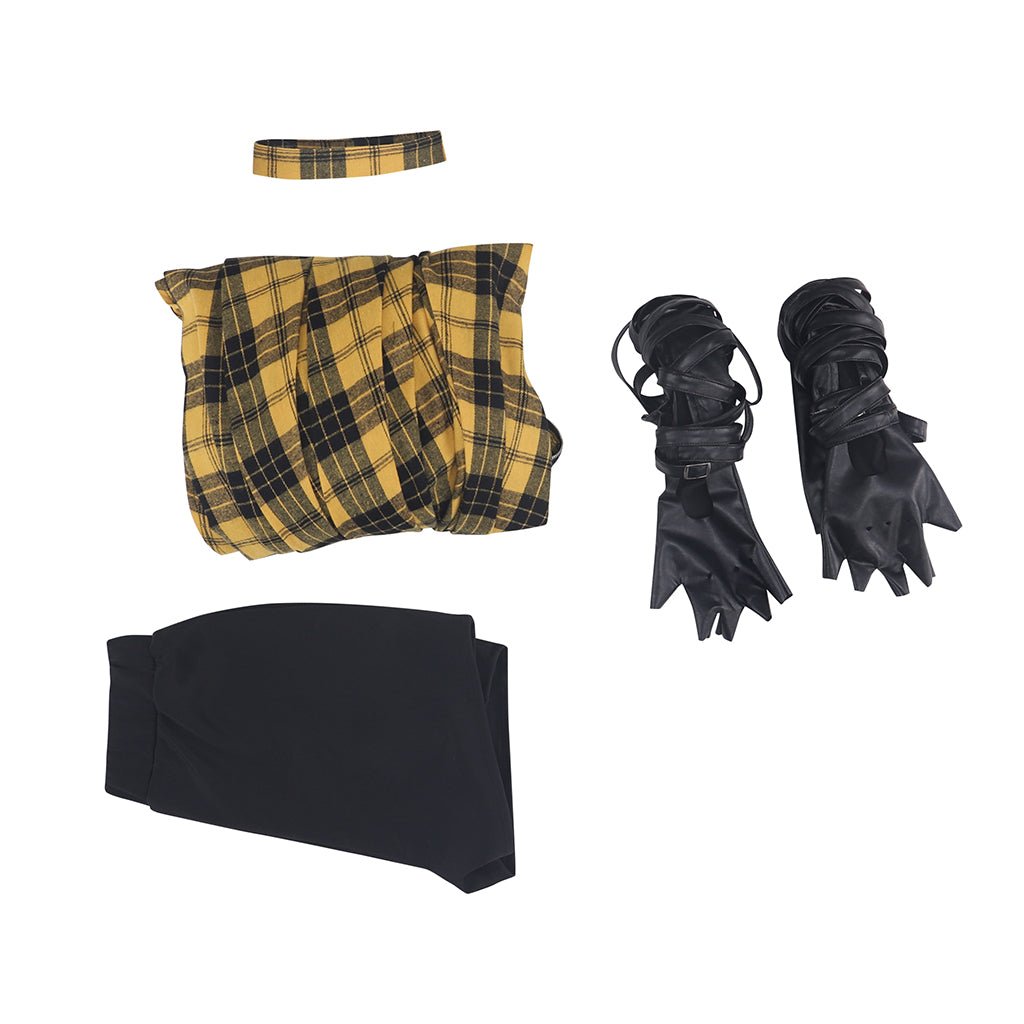 Vestido Largo de Cuadros Amarillos con Mangas de Cuero para Mujer - Estilo Punk Rock - Fantasia Cosera