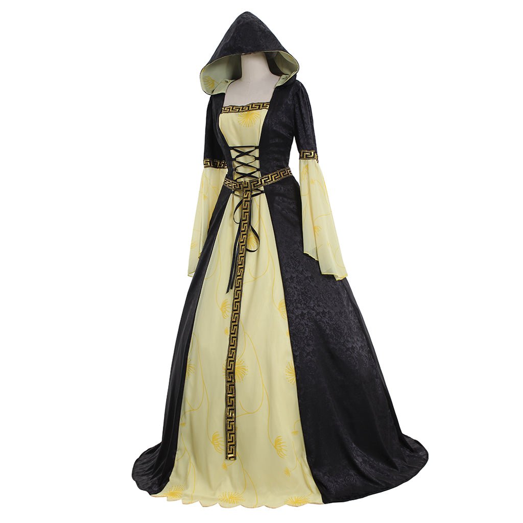 Vestido Medieval con Capucha Amarillo y Negro con Cinturón - Vestido Largo Vintage para Mujer para Fiestas, Halloween y Espectáculos - Fantasia Cosera