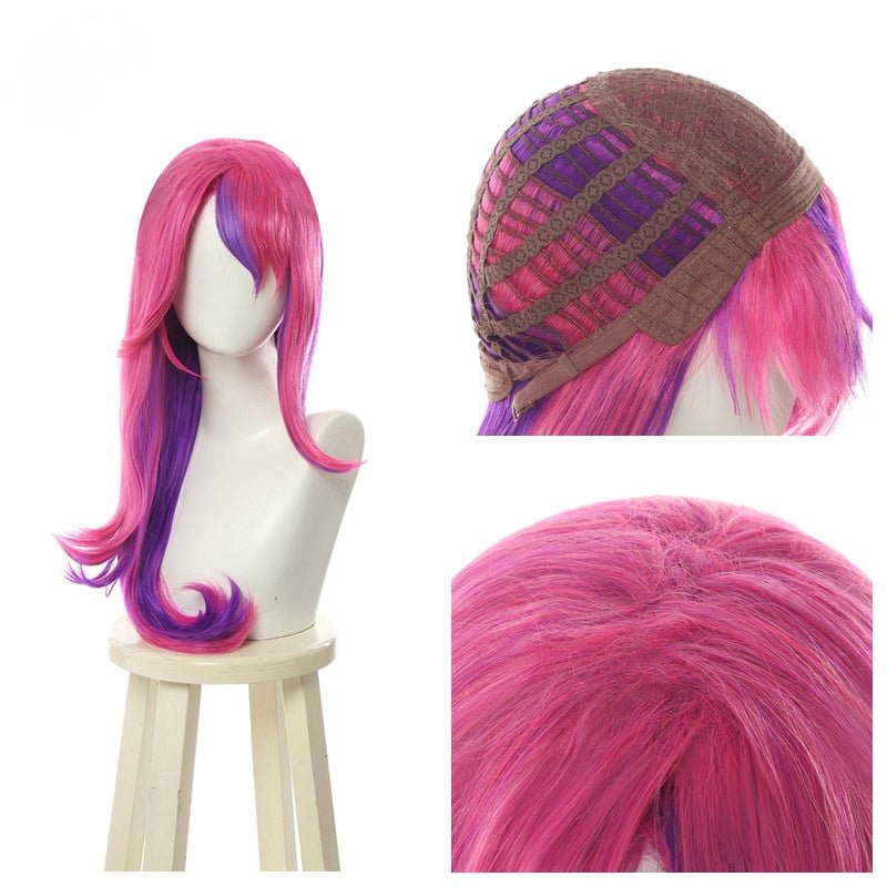 Peluca Cosplay LOL Guardiana Estelar Xayah Rebelde 65cm Largo Rosa Morado con Orejas Pelo Sintético Resistente al Calor - Fantasia Cosera