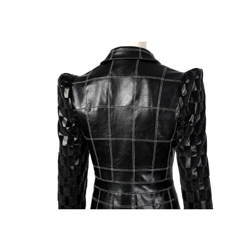 Vestido de Cruella Deville para Halloween con Chaqueta de Cuero Negro y Peluca - Fantasia Cosera