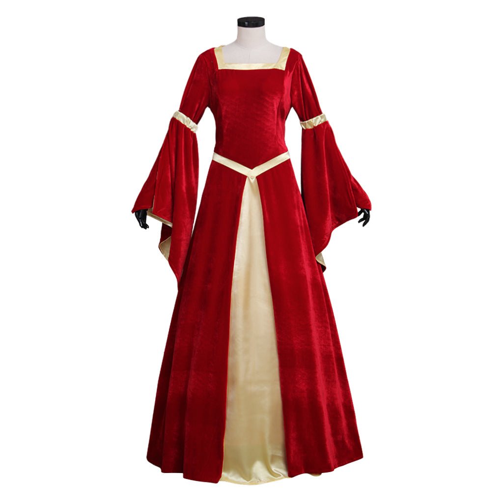 Vestido Medieval de Terciopelo Rojo y Amarillo con Mangas Trompeta | Traje para Bodas y Fiestas de Disfraces - Fantasia Cosera