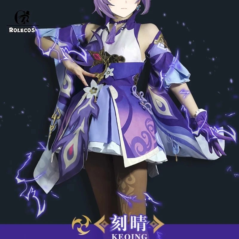 Traje de Cosplay de Keqing de Genshin Impact para Mujer, Vestido Morado para Halloween - Fantasia Cosera
