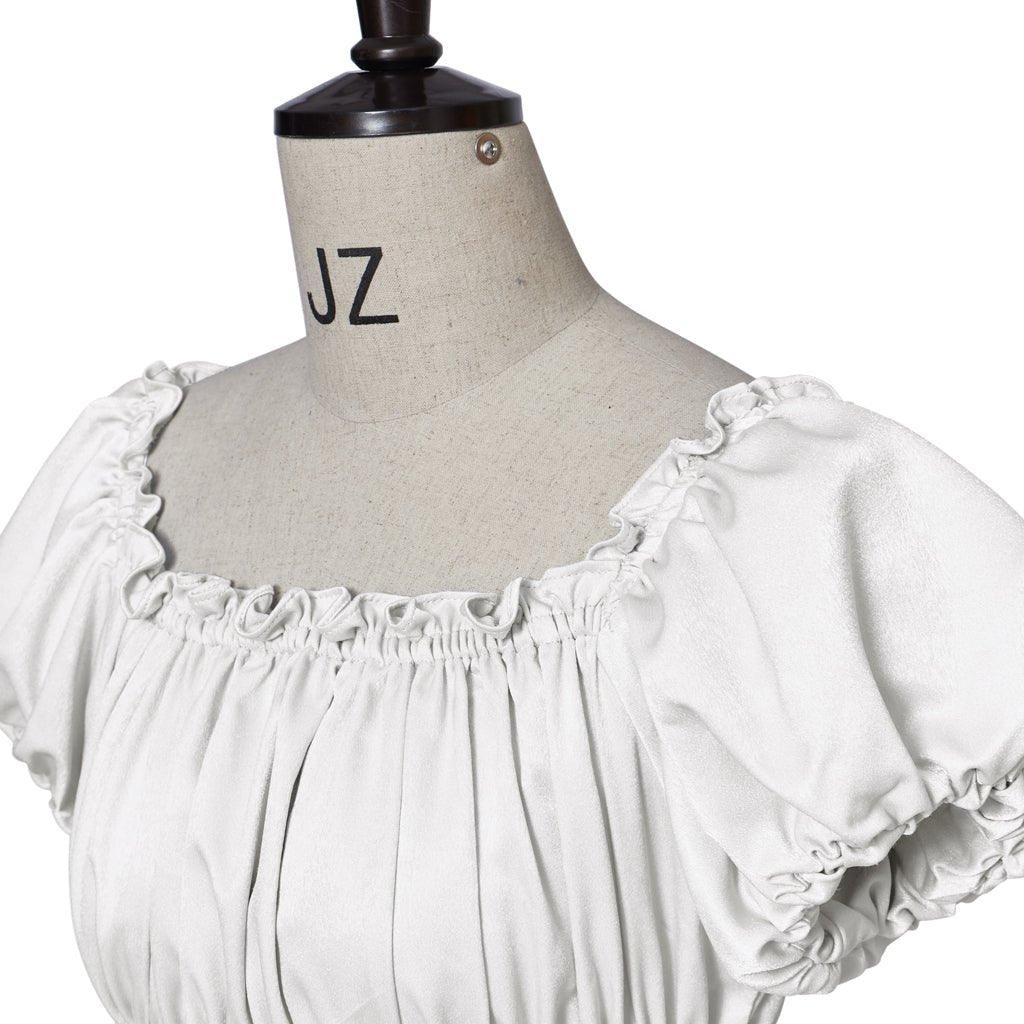 Vestido Medieval Imperio Tradicional - Traje Cosplay Bridgerton en Tela Plateada Blanca de Seda - Fantasia Cosera