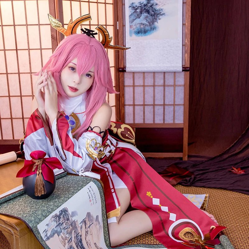 Traje de Cosplay de Yae Miko de Genshin Impact - Conjunto Completo de Yae Guuji con Tocado para Mujer - Fantasia Cosera