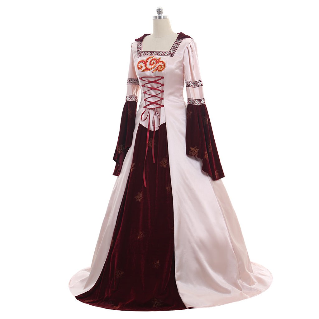 Vestido Medieval Rosa para Cosplay de Mangas Largas con Capucha Hecho a Medida de Satén/Terciopelo - Fantasia Cosera