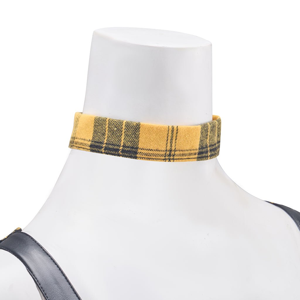 Vestido Largo de Cuadros Amarillos con Mangas de Cuero para Mujer - Estilo Punk Rock - Fantasia Cosera