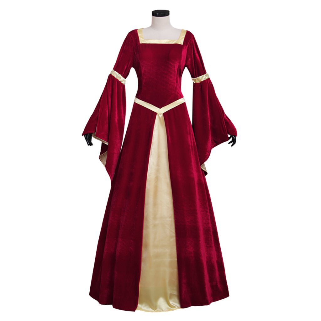 Vestido Medieval de Terciopelo Rojo Oscuro con Forro Amarillo y Mangas de Trompeta para Mujer | Vestido de Boda, Disfraz de Fiesta de Halloween - Fantasia Cosera