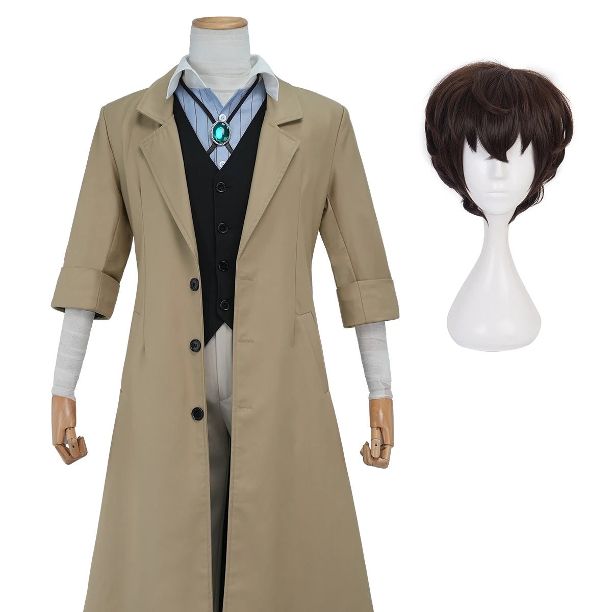 Disfraz de Dazai Osamu de Bungo Stray Dogs con Peluca, Abrigo, Camisa, Pantalones y Colgante - Fantasia Cosera