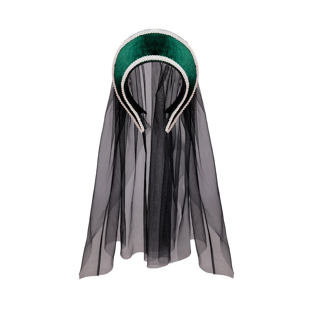 Sombrero Tudor Azul con Capa de Velo Negro – Elegante tocado histórico renacentista para recreaciones y eventos temáticos - Fantasia Cosera