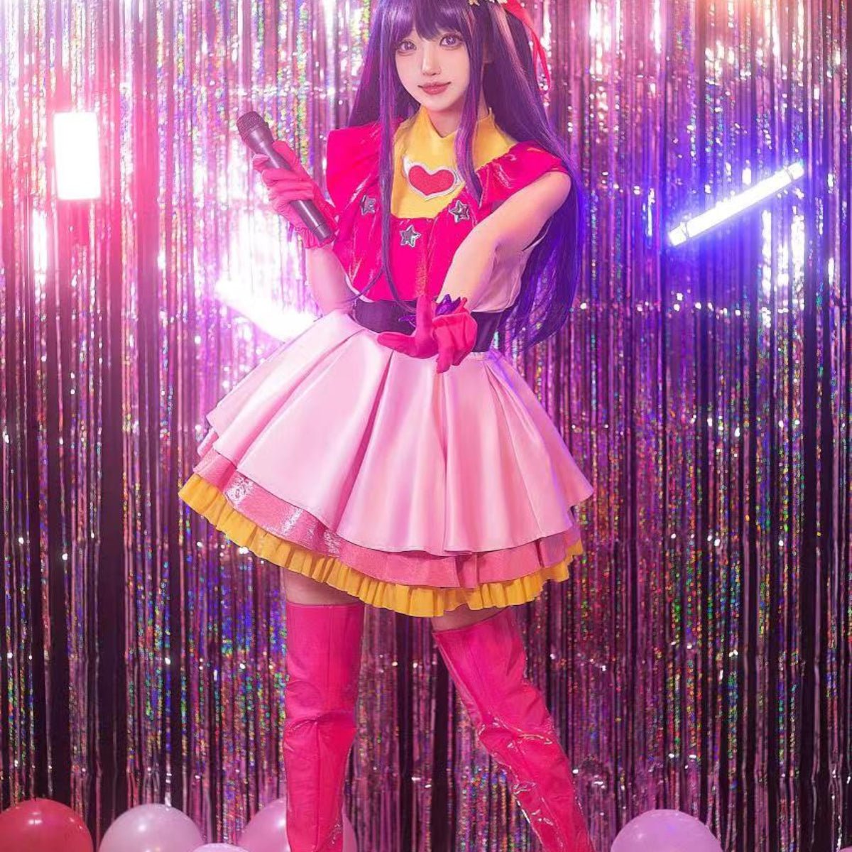 Disfraz de Cosplay de Ai Hoshino de OSHI NO KO Anime con Peluca, Vestido Lolita y Pin para el Cabello de Conejo - Fantasia Cosera