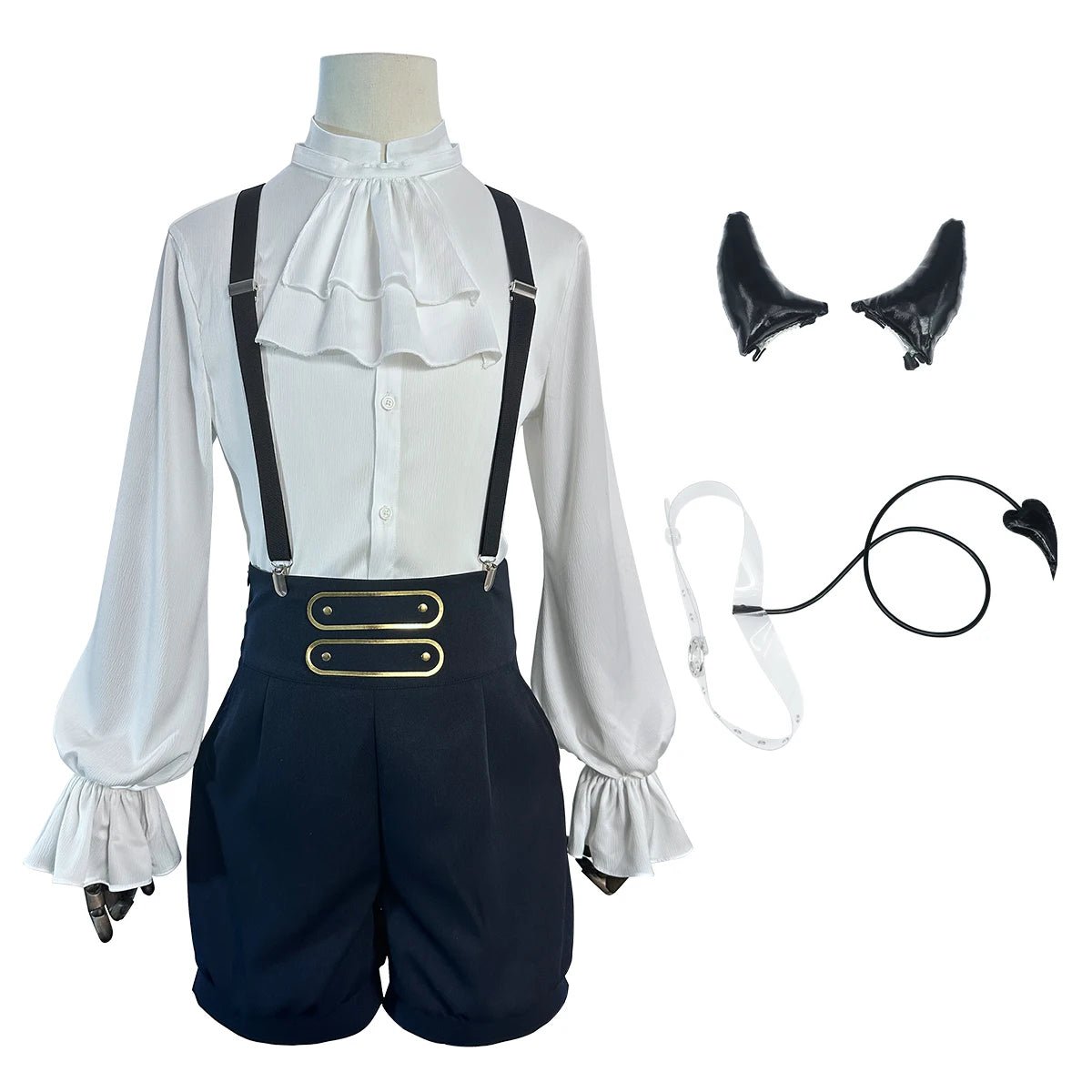 Traje de Cosplay de Bachira de Blue Lock Completo con Cuerno Maligno, Peluca, Cola, Camisa, Pantalones y Red de Rosa - Fantasia Cosera