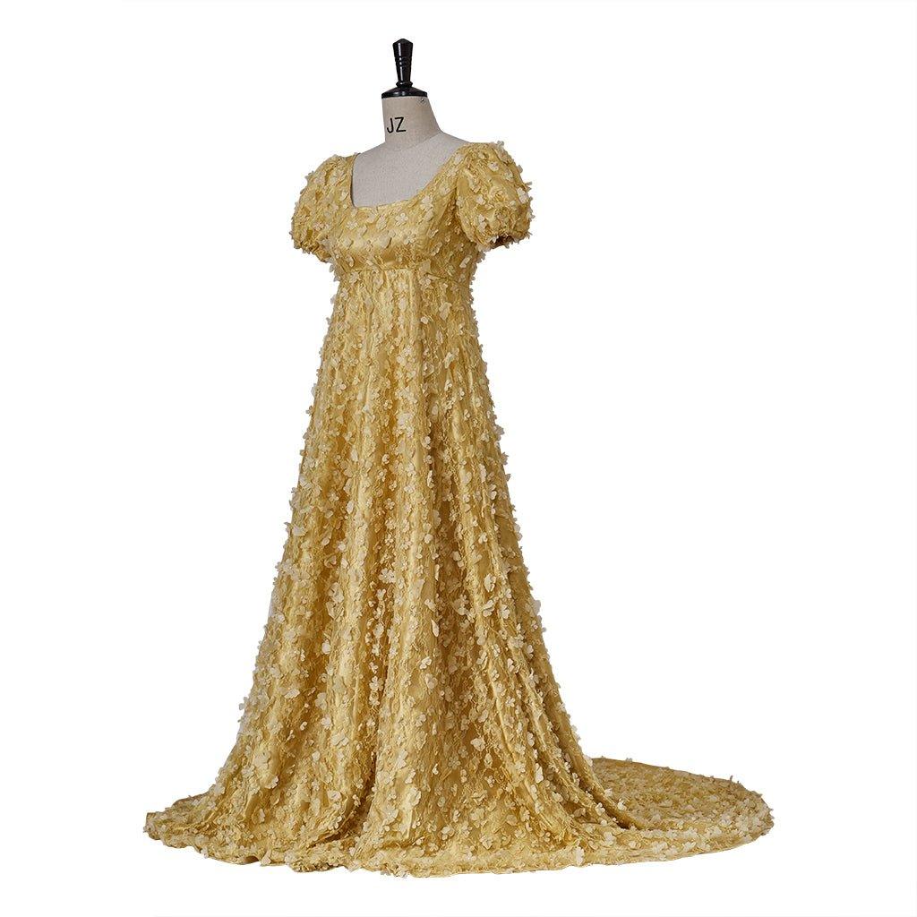 Vestido Imperio de Seda Dorado con Patrón - Traje Histórico Regencia para Cosplay de Bridgerton, Halloween, Navidad, Fiestas de Té y Eventos de Salón - Fantasia Cosera