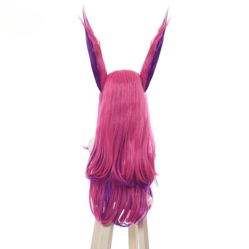 Peluca Cosplay LOL Guardiana Estelar Xayah Rebelde 65cm Largo Rosa Morado con Orejas Pelo Sintético Resistente al Calor - Fantasia Cosera