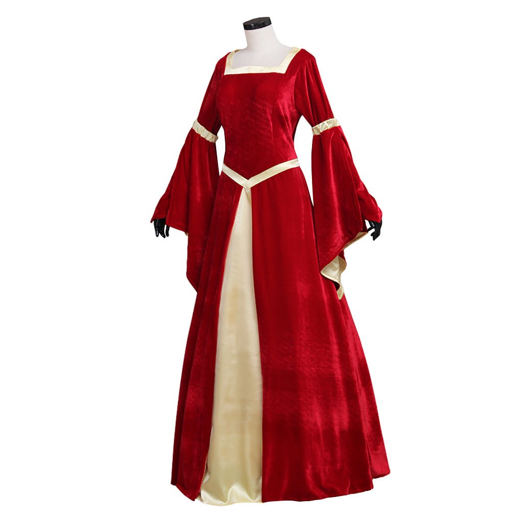 Vestido Medieval de Terciopelo Rojo y Amarillo con Mangas Trompeta | Traje para Bodas y Fiestas de Disfraces - Fantasia Cosera