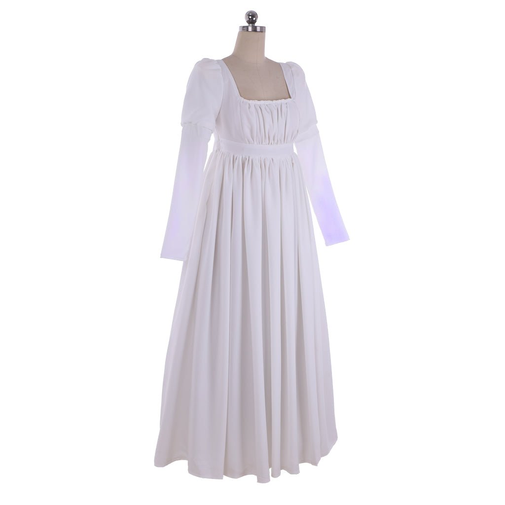 Elegante Vestido Regencia Blanco para Mujer - Estilo Clásico Jane Austen, Vestido de Bajo Busto para Baile, Traje de Boda Medieval - Fantasia Cosera