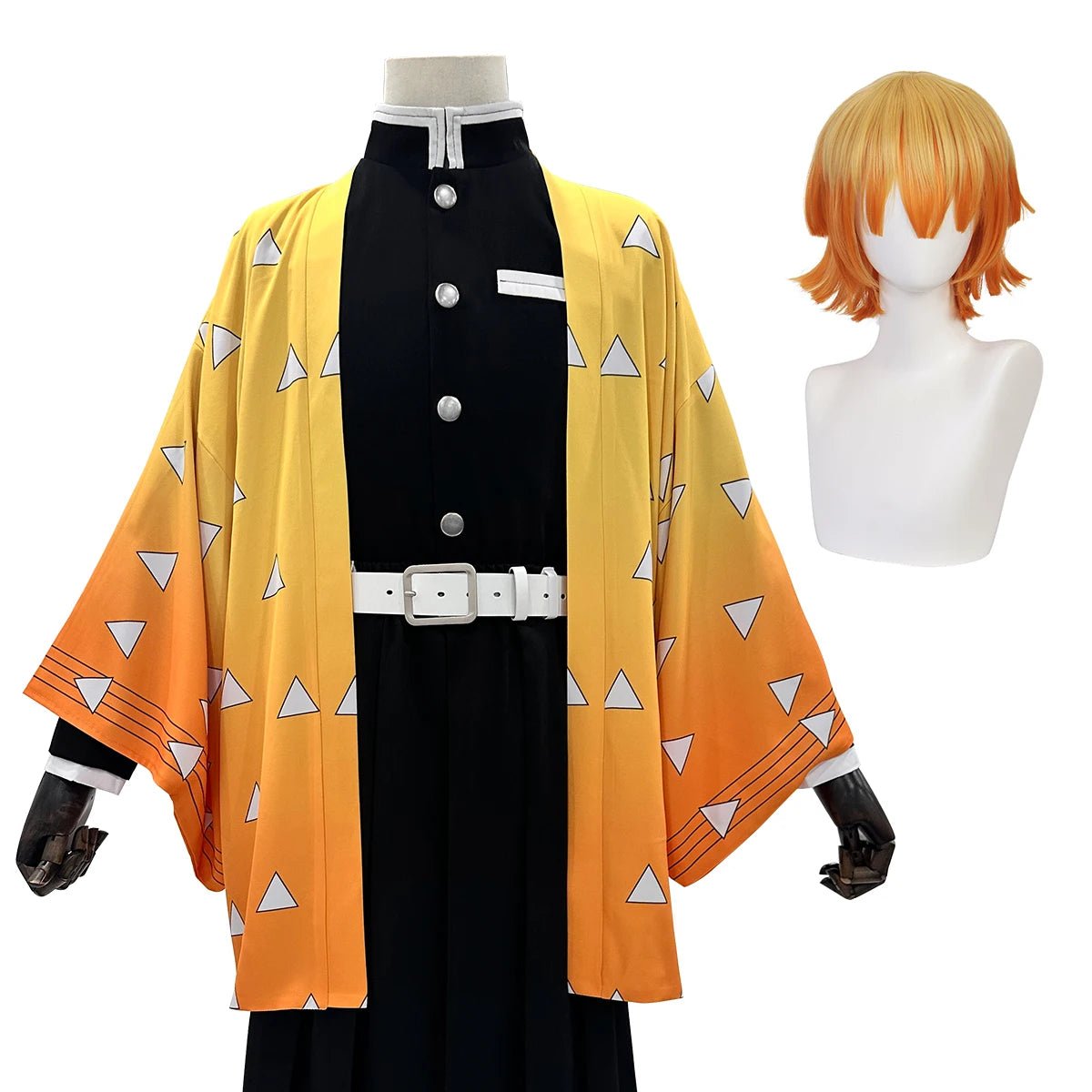 Traje de Cosplay de Agatsuma Zenitsu de Demon Slayer con Peluca, Haori Bordado, Pantalones Elásticos y Cinturón - Regalo Perfecto para Halloween y Navidad - Fantasia Cosera