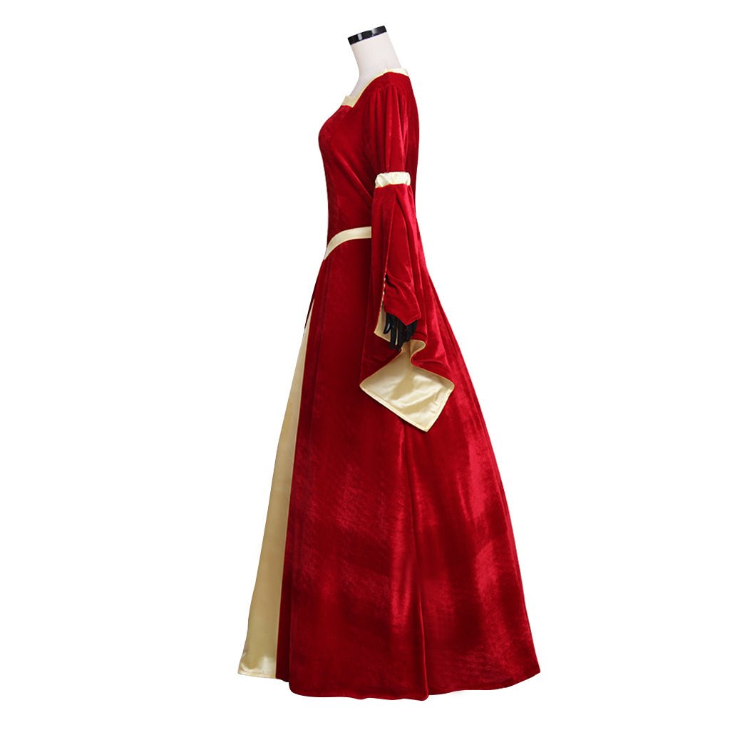 Vestido Medieval de Terciopelo Rojo y Amarillo con Mangas Trompeta | Traje para Bodas y Fiestas de Disfraces - Fantasia Cosera
