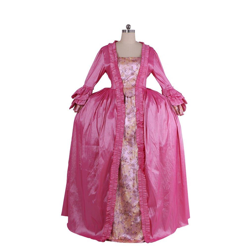 Vestido Rococó Rosa del Siglo XVIII - Gown de Mangas Largas Bordado con Floral en el Pecho - Fantasia Cosera