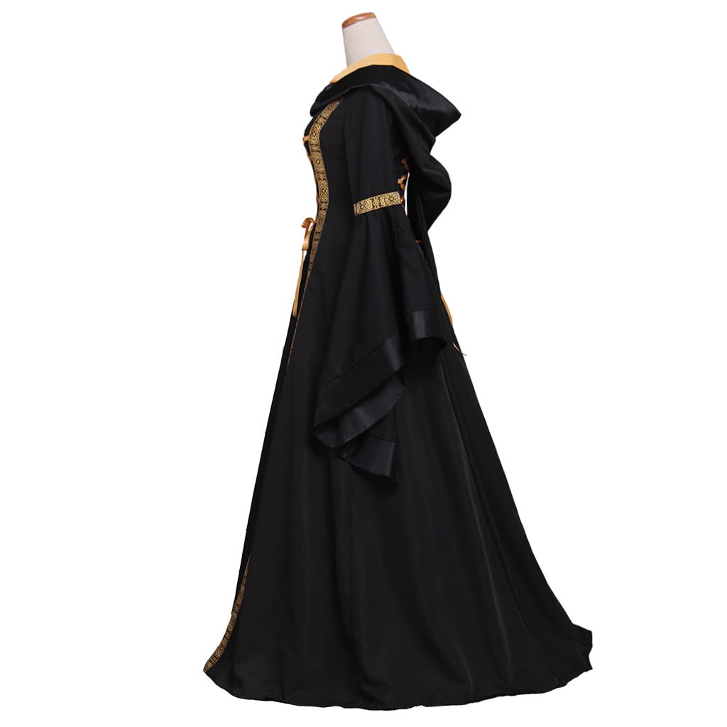 Vestido Largo Negro con Capucha Gótico Renacentista para Mujer - Disfraz de Halloween, Traje de Baile, Vestido de Reina Medieval - Fantasia Cosera
