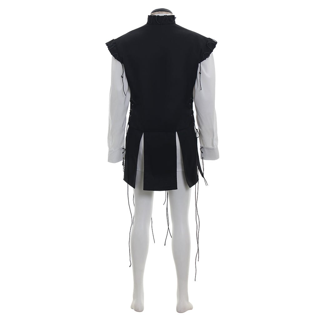 Traje de Pirata Medieval para Hombre - Camisa Blanca y Chaleco Negro con Flecos para Halloween | Fantasía Cosera - Fantasia Cosera