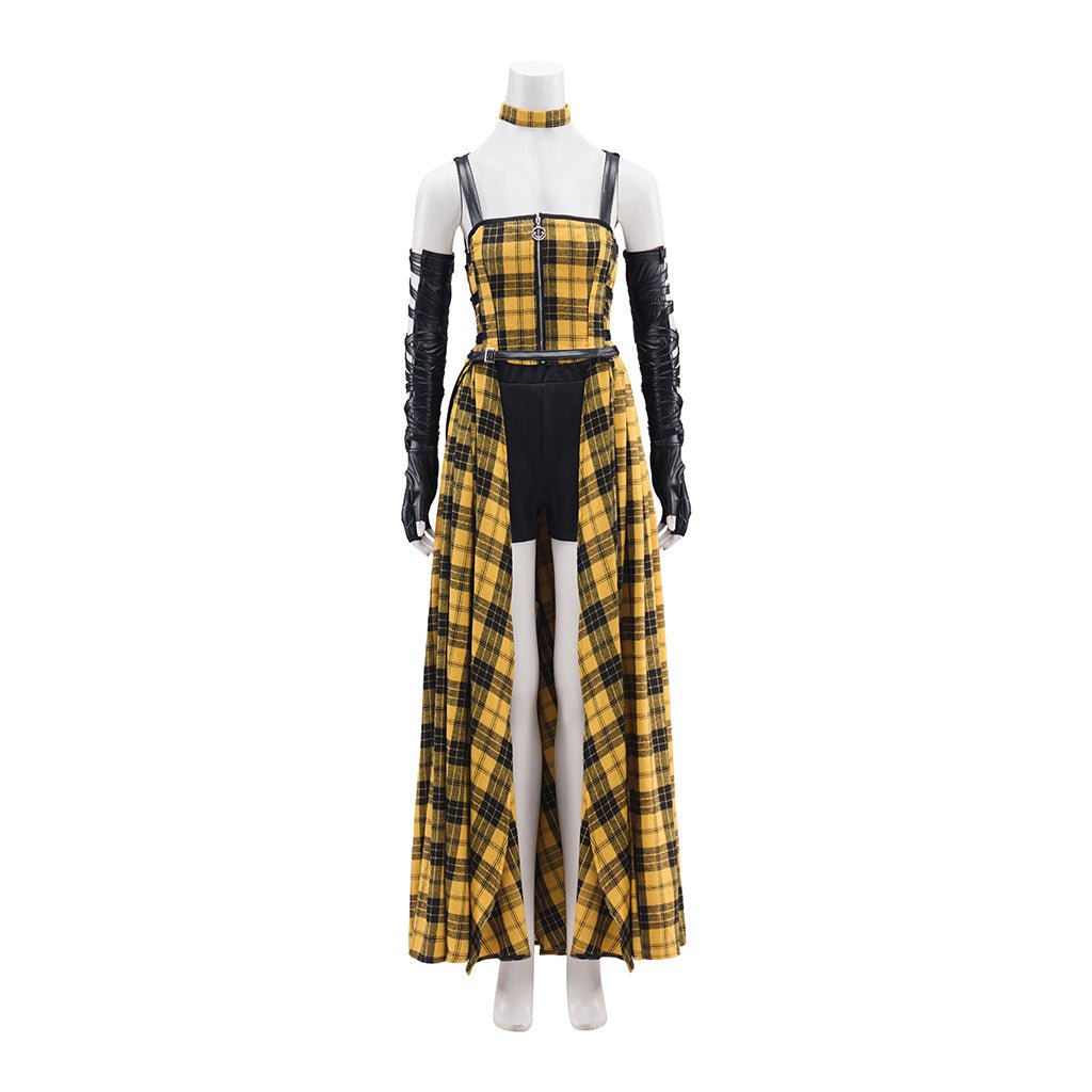 Vestido Largo de Cuadros Amarillos con Mangas de Cuero para Mujer - Estilo Punk Rock - Fantasia Cosera