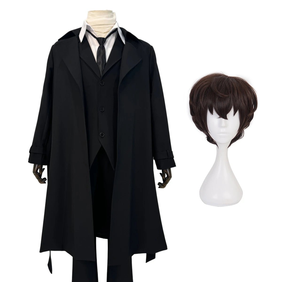 Disfraz Cosplay de Dazai Osamu de Bungo Anime con Peluca, Abrigo Negro y Pantalones Elásticos - Fantasia Cosera