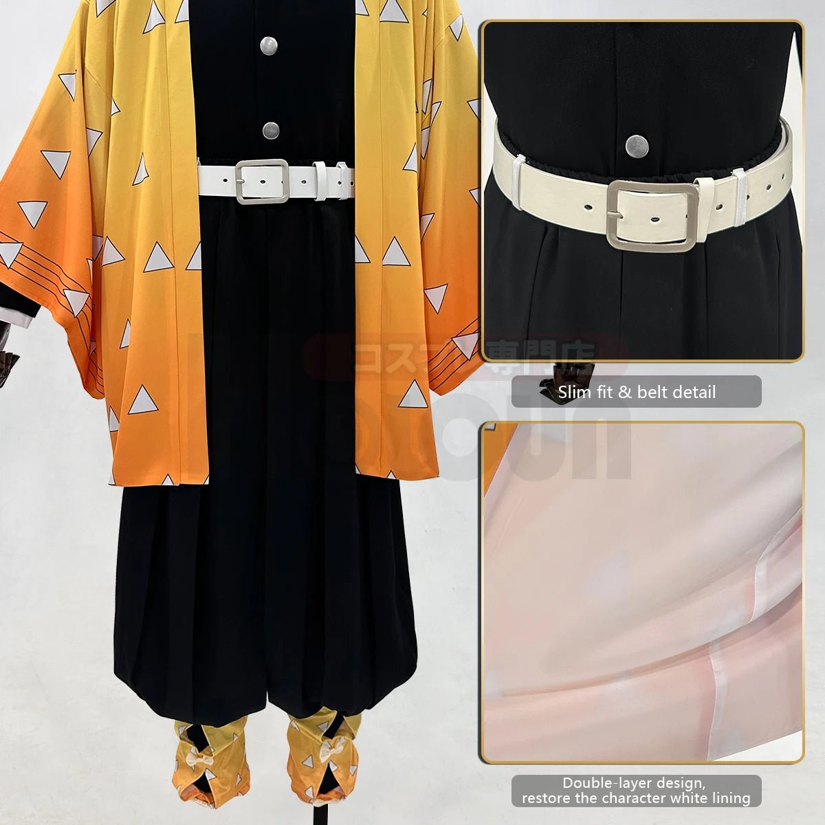 Traje de Cosplay de Agatsuma Zenitsu de Demon Slayer con Peluca, Haori Bordado, Pantalones Elásticos y Cinturón - Regalo Perfecto para Halloween y Navidad - Fantasia Cosera