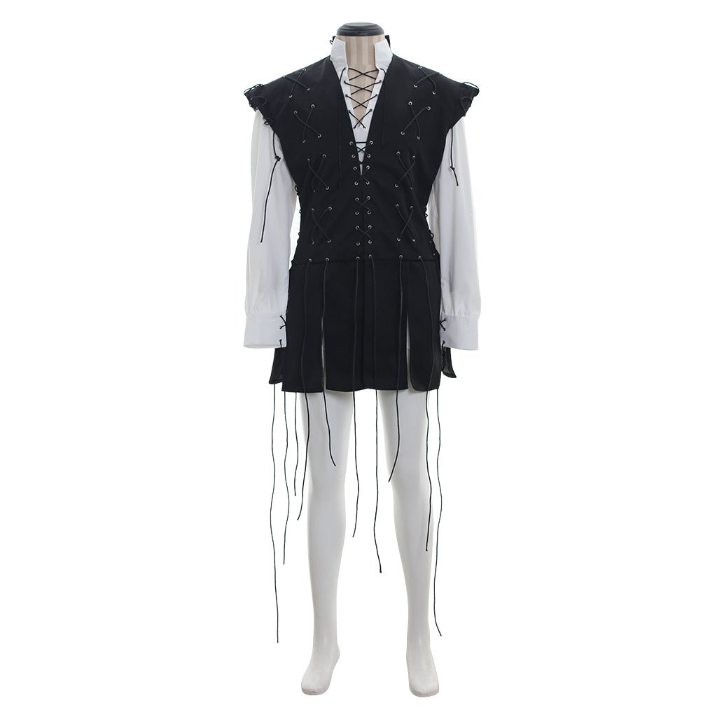 Traje de Pirata Medieval para Hombre - Camisa Blanca y Chaleco Negro con Flecos para Halloween | Fantasía Cosera - Fantasia Cosera