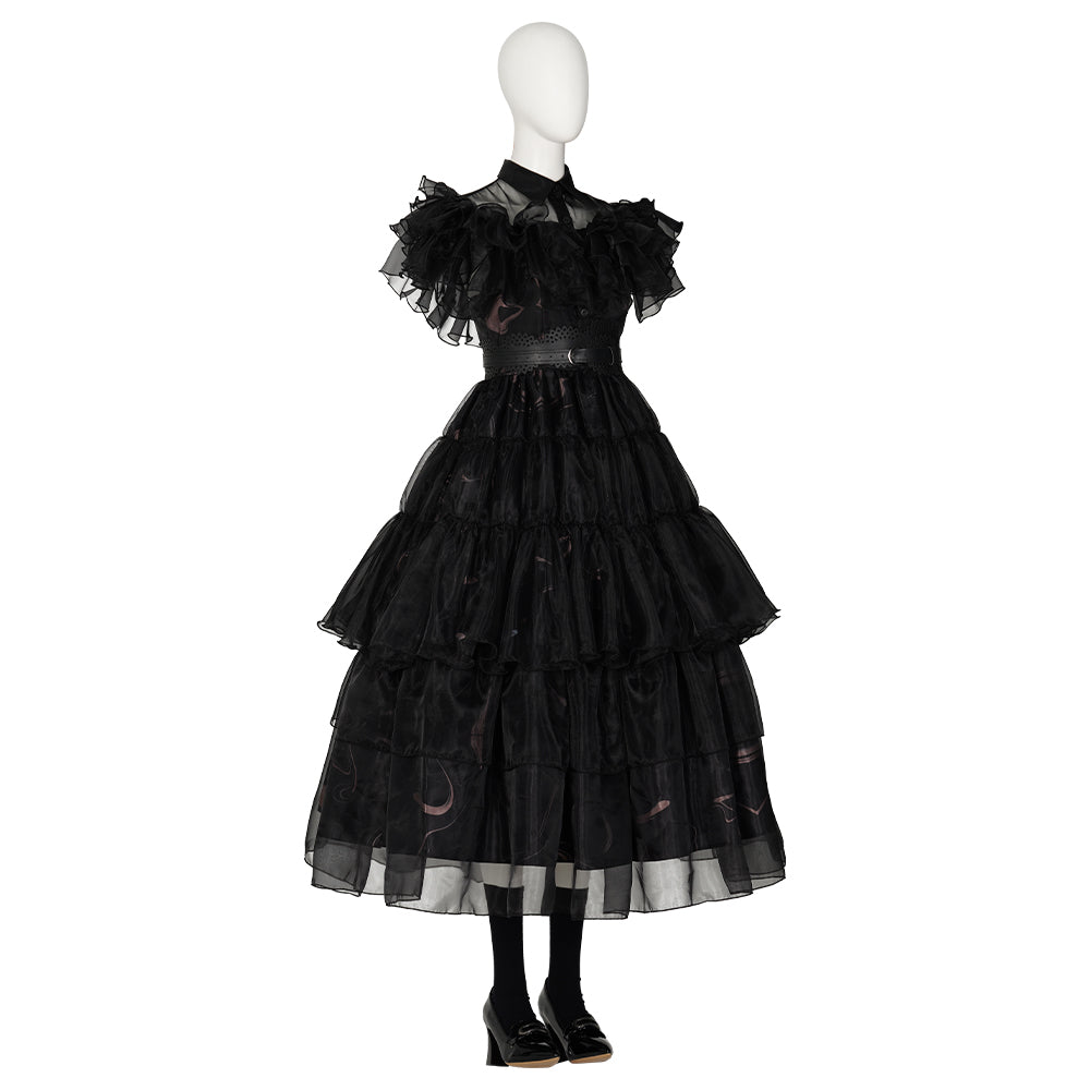 Disfraz de Wednesday Addams Vestido Negro para Adultos con Zapatos - Ideal para Halloween, Carnaval y Fiestas - Fantasia Cosera