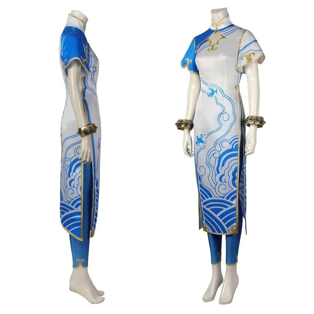 Traje de Cosplay Chun Li Fantasía Mujer Elegante Cheongsam Azul Vestido Leggings Traje Batalla Halloween Navidad Vestido Gala - Fantasia Cosera