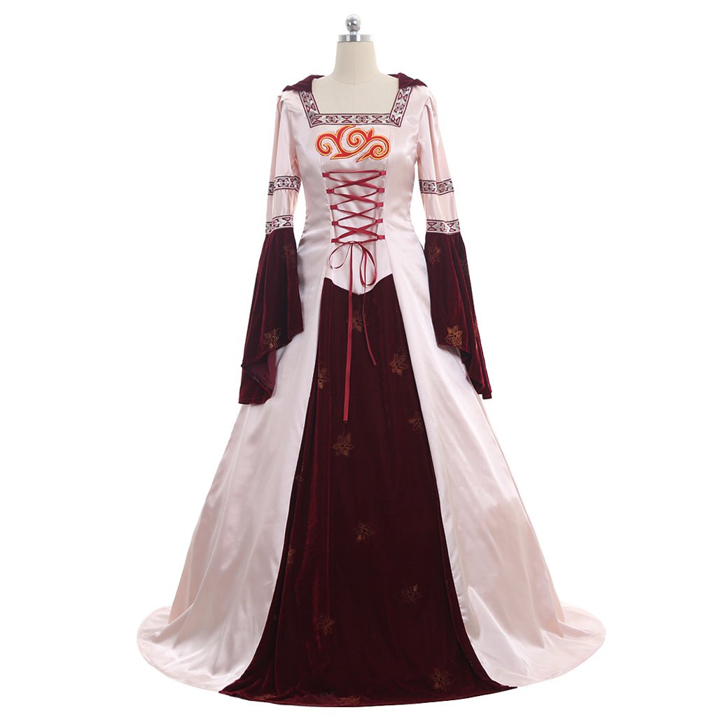 Vestido Medieval Rosa para Cosplay de Mangas Largas con Capucha Hecho a Medida de Satén/Terciopelo - Fantasia Cosera