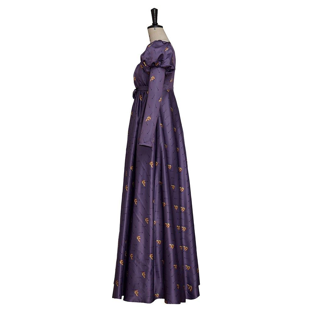 Vestido Regencia Imperio Jane Austen Vintage con Línea Alta para Fiesta de Té y Baile, Mangas Abullonadas y Estampado Floral Morado - Fantasia Cosera