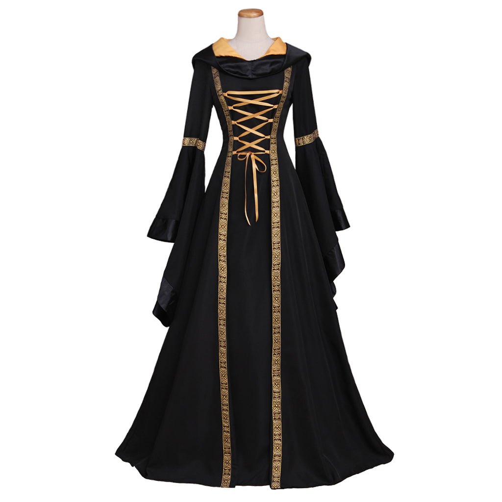 Vestido Largo Negro con Capucha Gótico Renacentista para Mujer - Disfraz de Halloween, Traje de Baile, Vestido de Reina Medieval - Fantasia Cosera