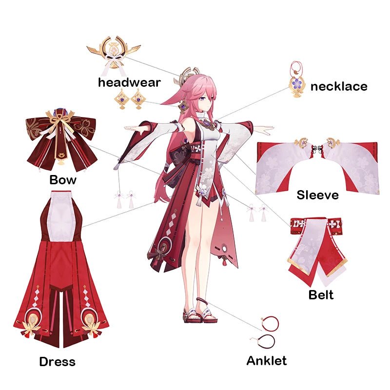 Traje de Cosplay de Yae Miko de Genshin Impact - Conjunto Completo de Yae Guuji con Tocado para Mujer - Fantasia Cosera