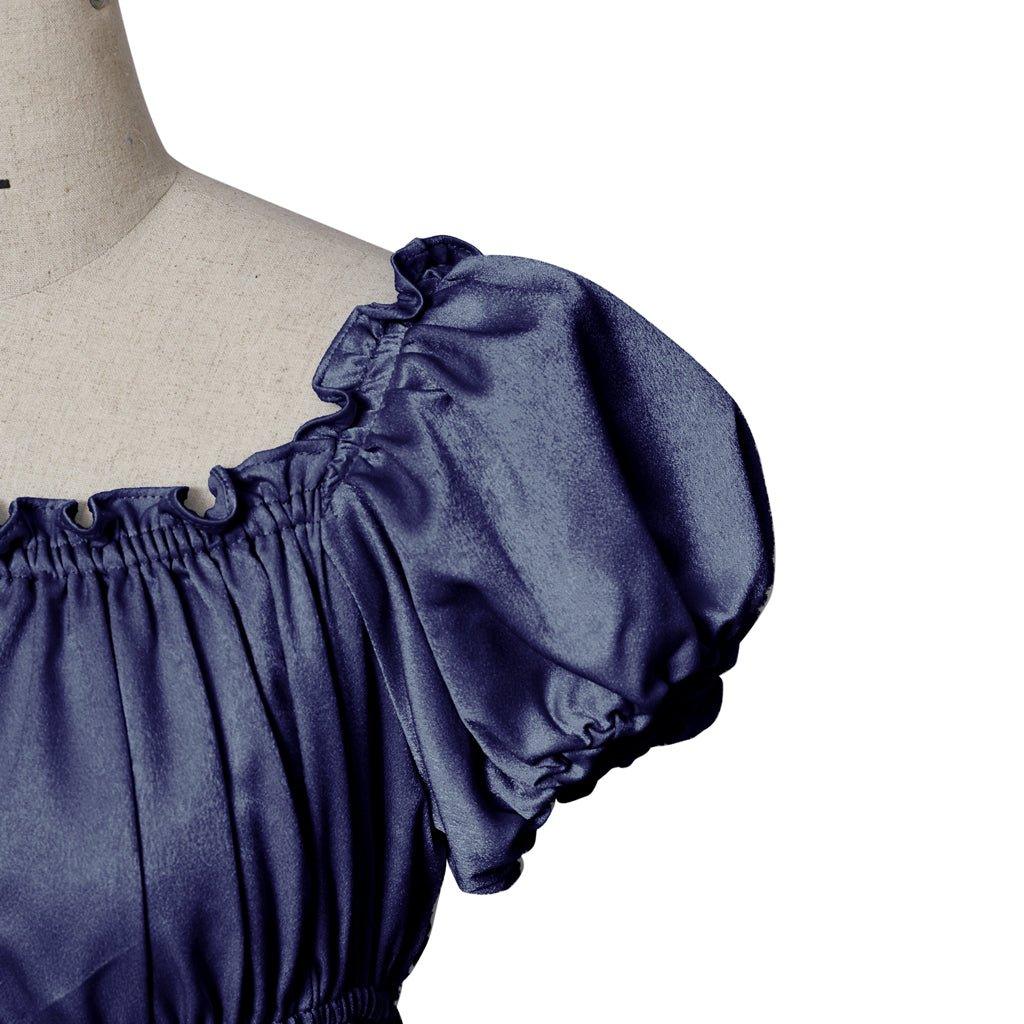 Vestido Imperio Medieval Tradicional - Disfraz de Bridgerton en Tela de Seda Azul Hierro - Fantasia Cosera