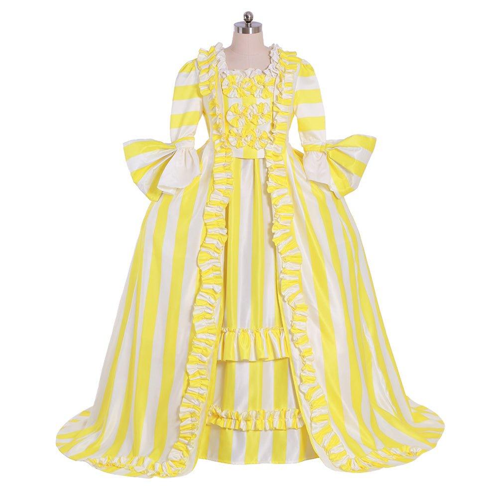 Vestido Rococó del Siglo XVIII - Rayas Amarillo y Blanco con Volantes y Pliegues por Fantasía Cosera - Fantasia Cosera