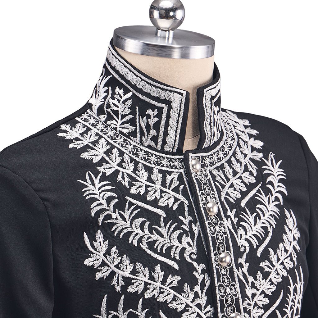 Traje de Príncipe Medieval para Hombre - Negro con Detalles Plateados, Abrigo, Chaleco y Pantalón para Ferias Renacentistas y Cosplay - Fantasia Cosera