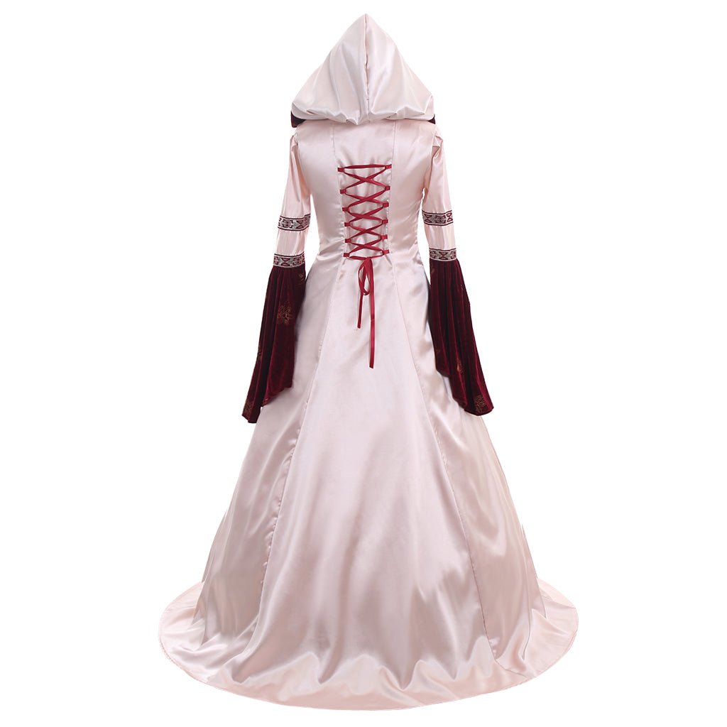 Vestido Medieval Rosa para Cosplay de Mangas Largas con Capucha Hecho a Medida de Satén/Terciopelo - Fantasia Cosera
