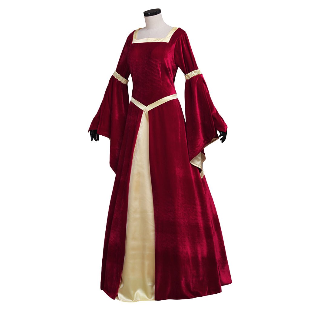 Vestido Medieval de Terciopelo Rojo Oscuro con Forro Amarillo y Mangas de Trompeta para Mujer | Vestido de Boda, Disfraz de Fiesta de Halloween - Fantasia Cosera