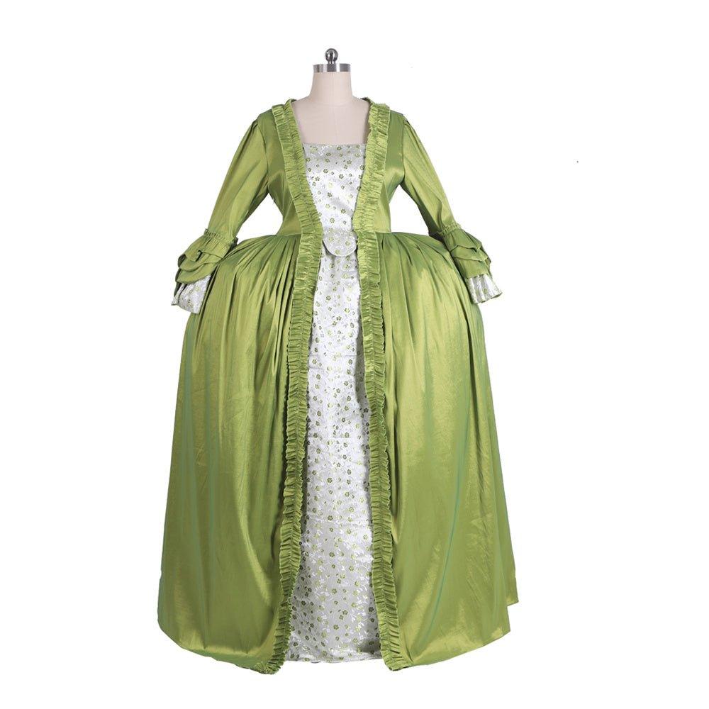 Vestido Rococo Verde Manzana del Siglo XVIII con Floral en el Pecho - Elegancia Medieval por Fantasía Cosera - Fantasia Cosera