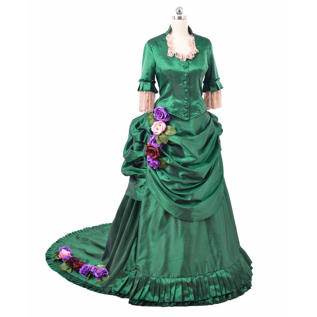 Vestido de Bustle Victoriano Era Georgiana | Vestido de Baile Rococó Verde Siglo XVIII para Mujer - Fantasia Cosera