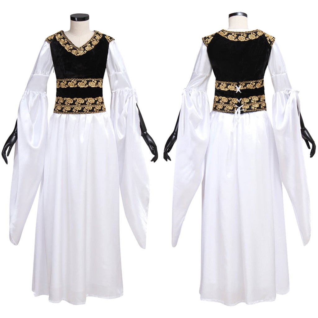 Vestido Medieval Blanco con Chaleco Negro para Adultos - Traje de Cosplay Personalizado para Fiestas de Halloween y Carnaval - Fantasia Cosera