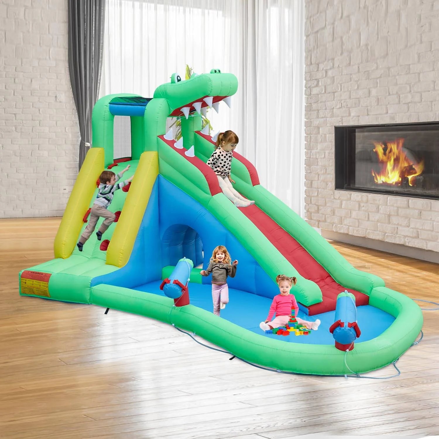 Inflatable Water Slides for Kids - Kinsuite Inflatable Bounce House Water Slide w/Jumping Area Climbing Wall Water Cannon Splash Pool Tunnel Indoor - MadeInUSA