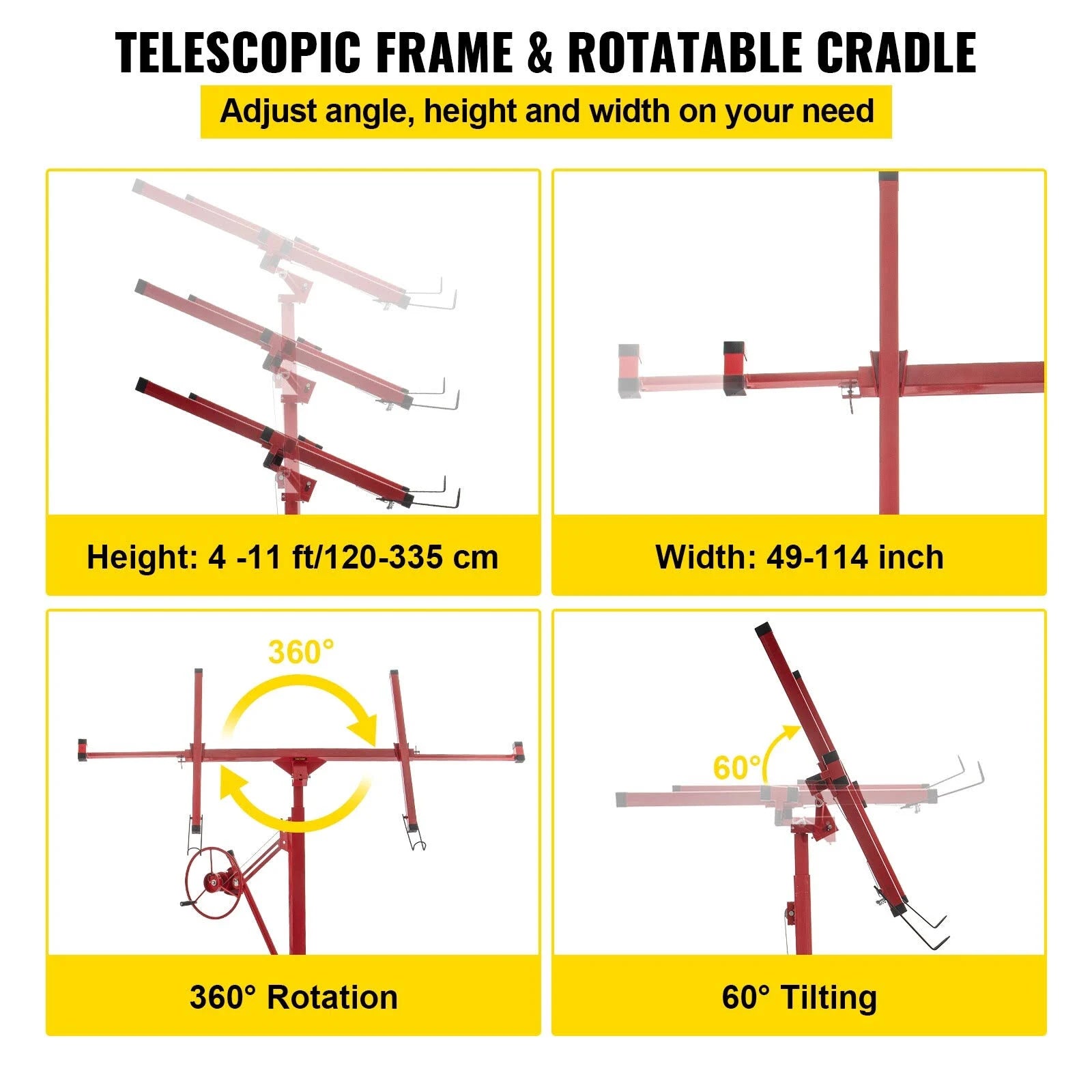 VEVOR Drywall Rolling Lifter Panel 11ft Sheetrock Lift Drywall Lift 150lb Weight Capacity Panel Hoist Jack Tool Steel Material SGBSJJHSB11FTXATNV0 - MadeInUSA