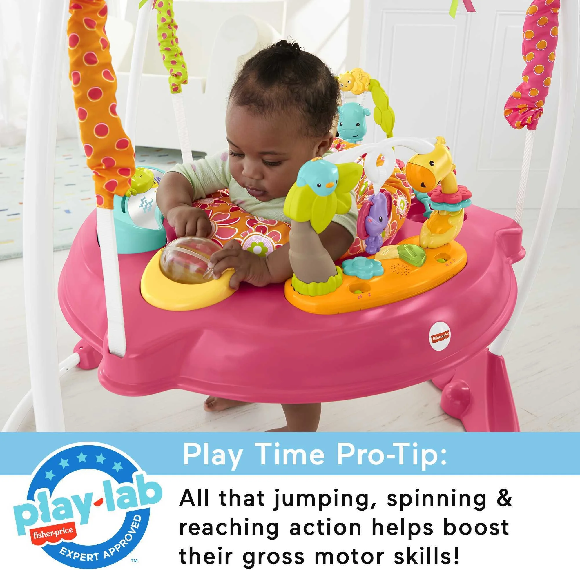 Fisher-Price Baby Bouncer Pink Petals Jumperoo Activity Center with Music and Lights, Unisex - MadeInUSA