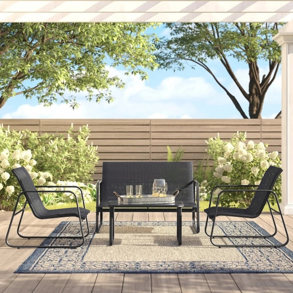 Barton 4 Pieces Outdoor Patio Furniture Lounger Chair Set w Glass Table, Black - MadeInUSA