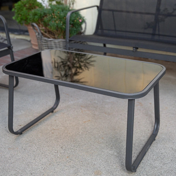 Barton 4 Pieces Outdoor Patio Furniture Lounger Chair Set w Glass Table, Black - MadeInUSA