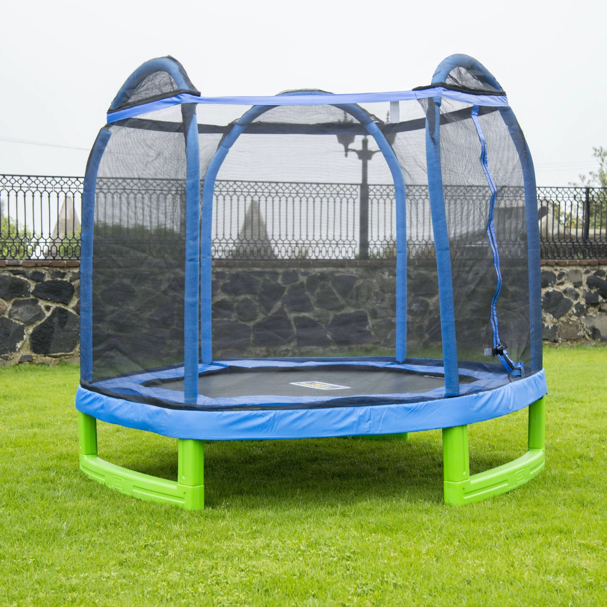 Bounce Pro 7-Foot My First Trampoline Hexagon (Ages 3-10) for Kids, Blue/Green - MadeInUSA