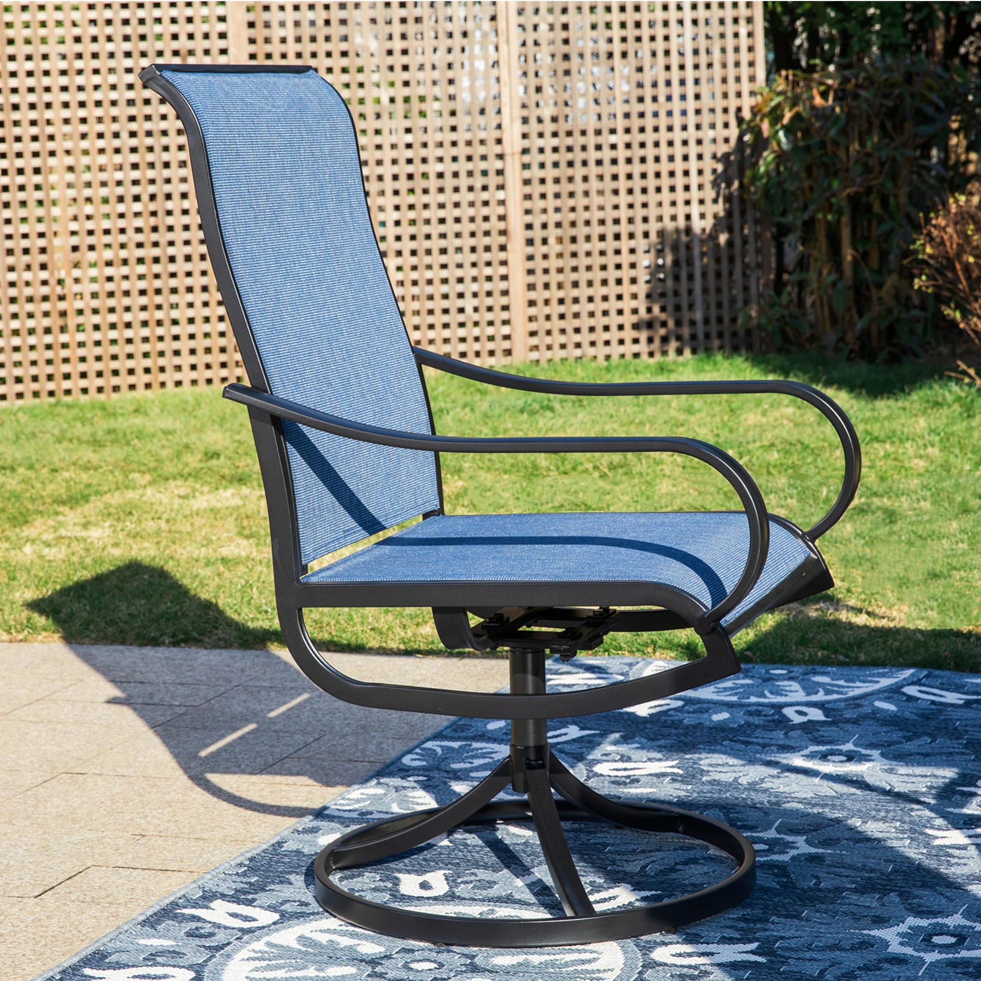 MF Studio Set of 2 Outdoor Patio Swivel Dining Chairs with Breathable Textilene Seat, Black & Blue - MadeInUSA