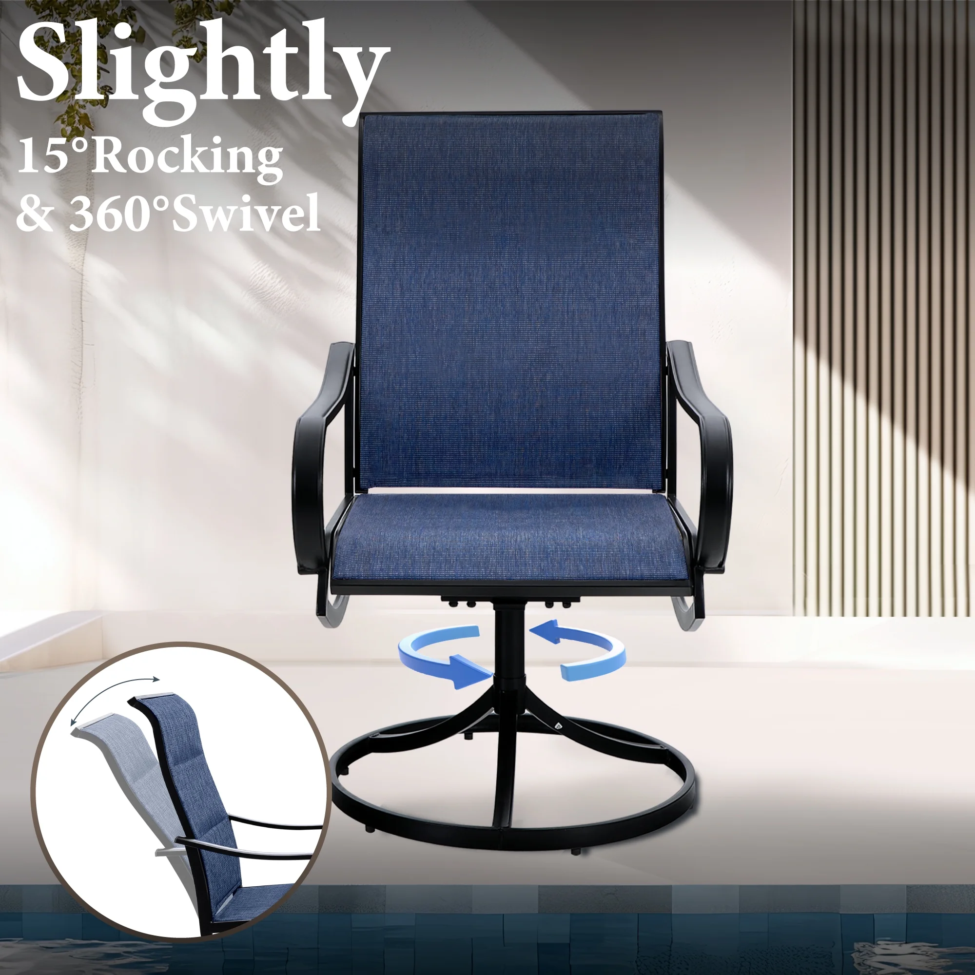 MF Studio Set of 2 Outdoor Patio Swivel Dining Chairs with Breathable Textilene Seat, Black & Blue - MadeInUSA